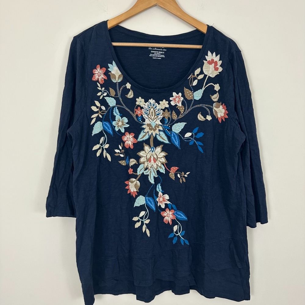 Chico's The Ultimate Tee Blue Floral Print Beaded Boho Folk Neck Womens XL
